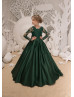 Long Sleeves Emerald Green Lace Satin Flower Girl Dress